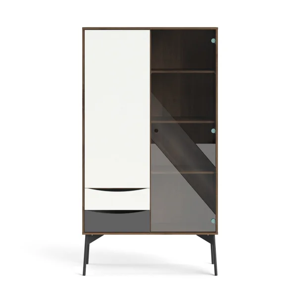 Elly Vitrinenschrank mit 1 Tür, 1 Glastür und 2 Schubladen braun,weiß,grau.