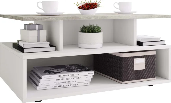Esila Couchtisch 4 Ablagen weiß, Beton dekor.