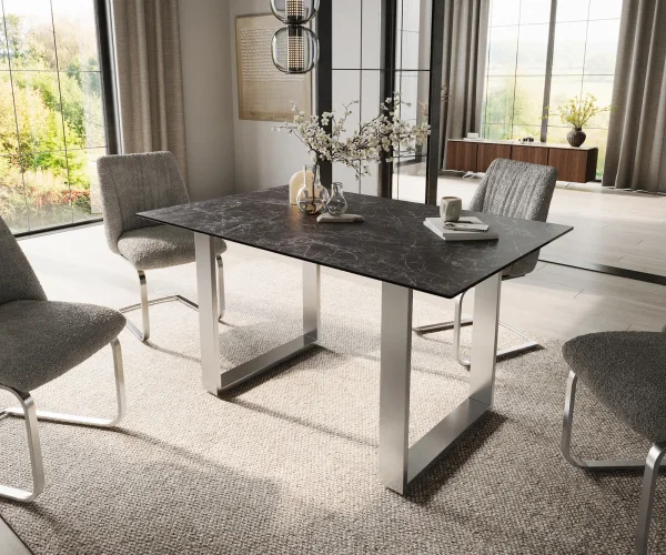 Esstisch Edge 140x90 Keramik Laminam®Nero Greco Anthrazit Edelstahl Schmal