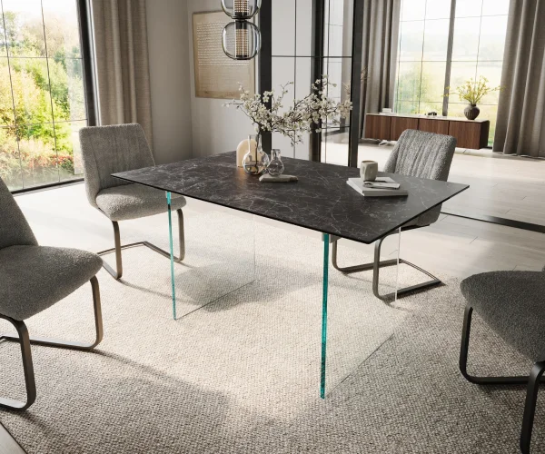 Esstisch Edge 140x90 Keramik Laminam®Nero Greco Anthrazit Gestell Glas