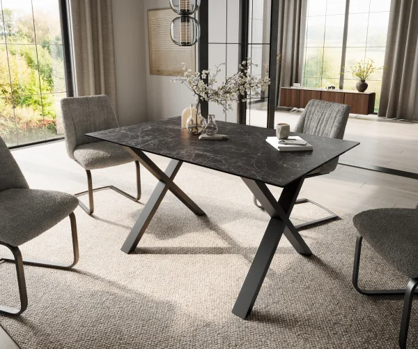 Esstisch Edge 140x90 Keramik Laminam®Nero Greco Anthrazit X-Gestell Metall Schwarz
