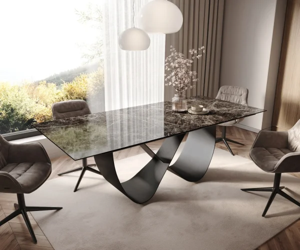 Esstisch Edge 180-220x100 Keramik Laminam® Emperador Extra Lucidato Dunkelbraun Infinity Metall Schwarz ausziehbar
