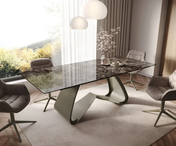 Esstisch Edge 180-220x100 Keramik Laminam® Emperador Extra Lucidato Dunkelbraun W-Gestell Effektfinish Titan ausziehbar