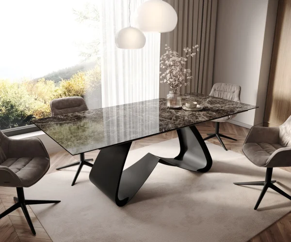 Esstisch Edge 180-220x100 Keramik Laminam® Emperador Extra Lucidato Dunkelbraun W-Gestell Schwarz ausziehbar