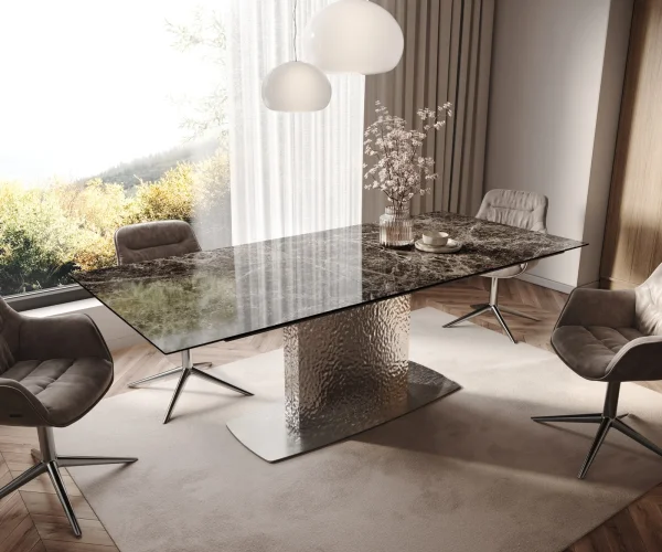 Esstisch Edge 180-220x100 Keramik Laminam® Emperador Extra Lucidato Dunkelbraun Wave Edelstahl ausziehbar