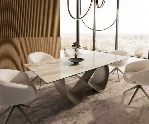 Esstisch Edge 180-220x100 Keramik Laminam® Onice Oro Infinity Metall Effektfinish Titan ausziehbar
