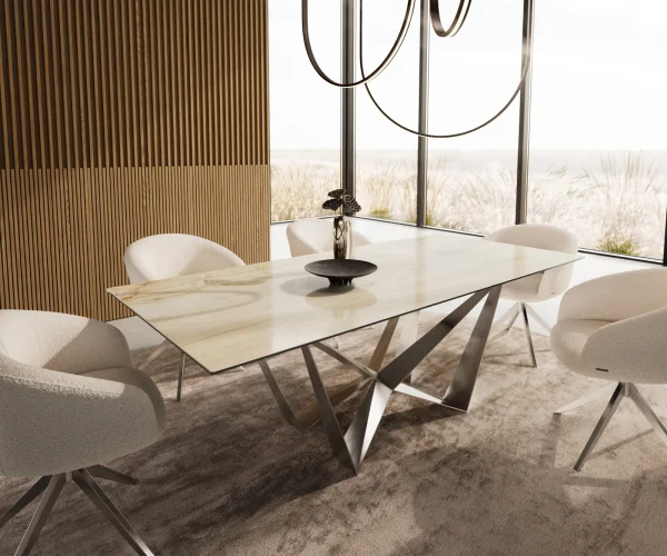 Esstisch Edge 180-220x100 Keramik Laminam® Onice Oro Spider Flachstahl Edelstahl ausziehbar