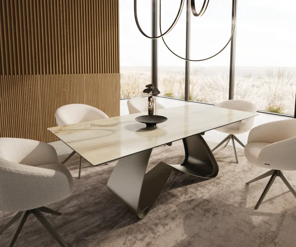 Esstisch Edge 180-220x100 Keramik Laminam® Onice Oro W-Gestell Effektfinish Titan ausziehbar