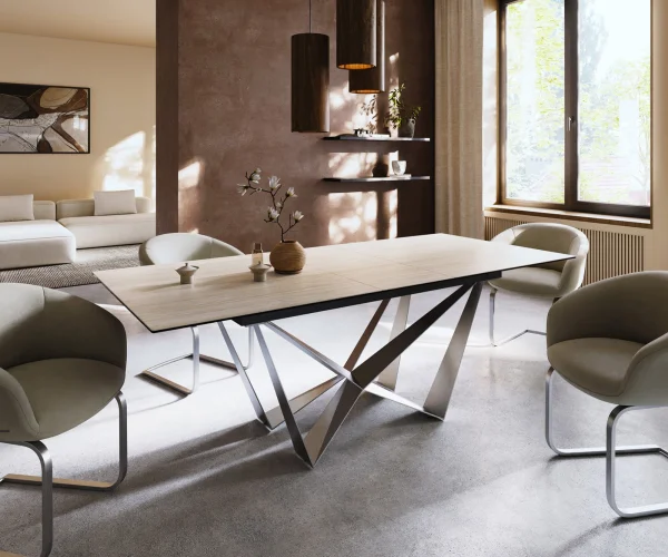 Esstisch Edge 180-220x100 Keramik Laminam® Travertino Bianco Creme-Weiß Spider Flachstahl Edelstahl ausziehbar