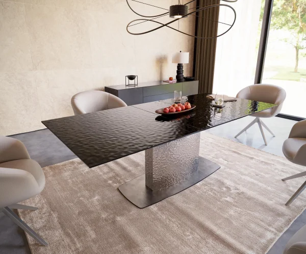 Esstisch Edge 180-220x100 Reliefglas Rauchschwarz 3D-Design Wave Edelstahl ausziehbar