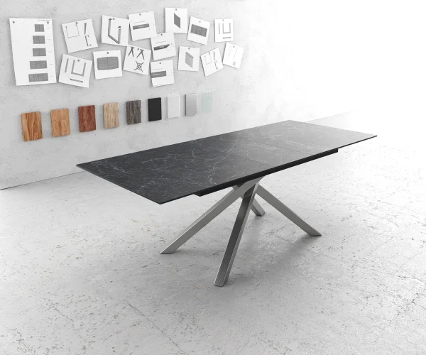 Esstisch Edge 180-220x100cm Keramik Laminam®Nero Greco Anthrazit Kreuzgestell Rechteck Edelstahl ausziehbar