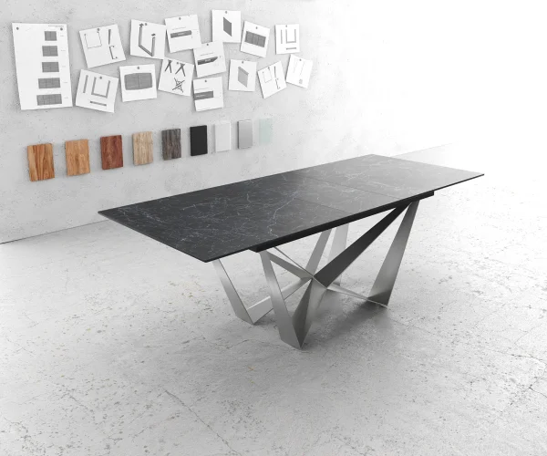Esstisch Edge 180-220x90cm Keramik Laminam®Nero Greco Anthrazit Mittelfuß Flachstahl Silber ausziehbar