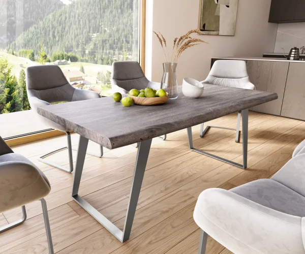 Esstisch Edge 180x90 XL Akazie Platin Edelstahl Schräg Live-Edge