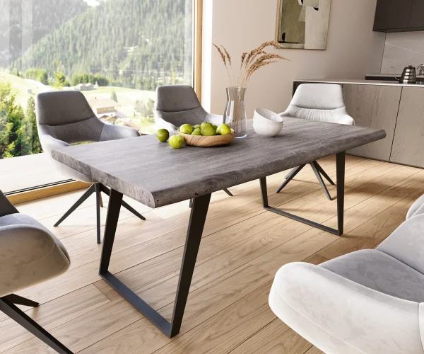 Esstisch Edge 180x90 XL Akazie Platin Metall Schräg Schwarz Live-Edge
