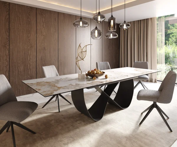 Esstisch Edge 200-300x100 cm Keramik Minas Melange Weiß-Beige Infinity Metall Schwarz ausziehbar