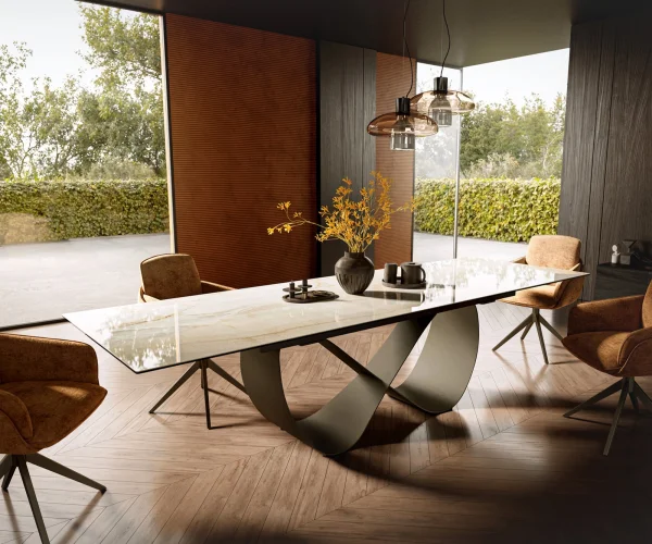 Esstisch Edge 200-300x100 Keramik Laminam® Onice Oro Infinity Metall Effektfinish Titan ausziehbar