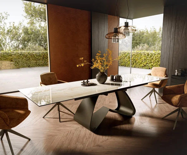 Esstisch Edge 200-300x100 Keramik Laminam® Onice Oro W-Gestell Effektfinish Titan ausziehbar