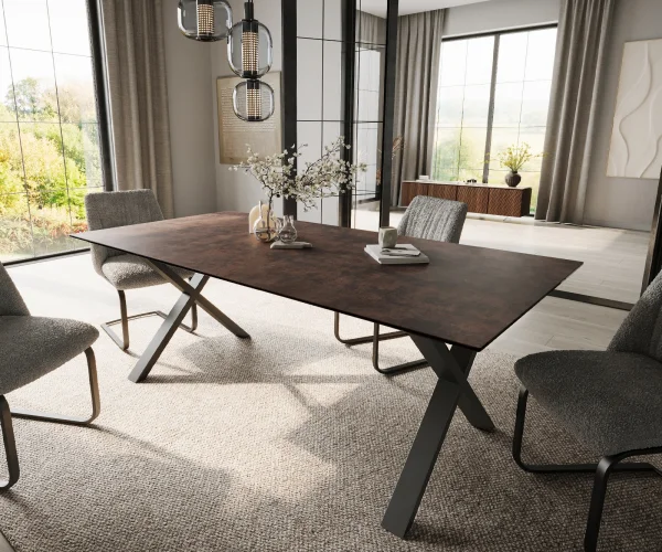 Esstisch Edge 200x100 Glas Antique-braun X-Gestell Metall Schwarz