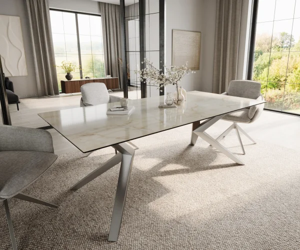 Esstisch Edge 200x100 Keramik Laminam® Onice Oro ?Zenthara kantig Edelstahl