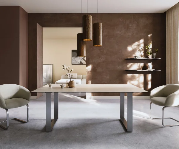 Esstisch Edge 200x100 Keramik Laminam® Travertino Bianco Creme-Weiß Edelstahl Schmal