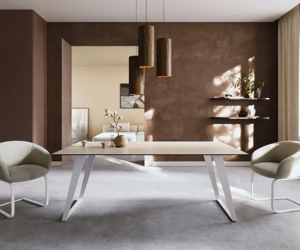Esstisch Edge 200x100 Keramik Laminam® Travertino Bianco Creme-Weiß Metall Schräg Weiß