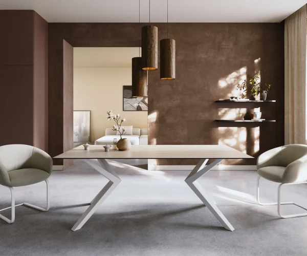 Esstisch Edge 200x100 Keramik Laminam® Travertino Bianco Creme-Weiß Zenthara kantig Metall Weiß