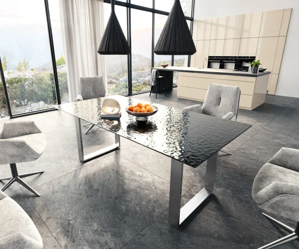 Esstisch Edge 200x100 Reliefglas Rauchschwarz 3D-Design Edelstahl Schmal
