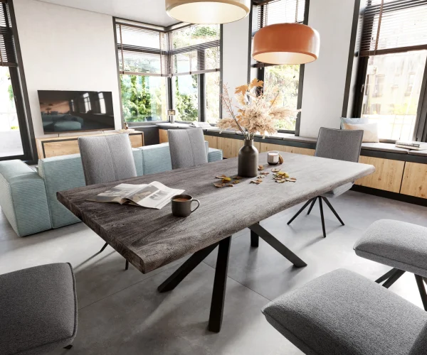 Esstisch Edge 200x100 XL Akazie Platin Kreuzgestell Rechteck Schwarz Live-Edge