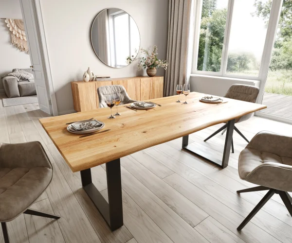 Esstisch Edge 200x100x2,5-3 Eiche Natur Metall Schmal schwarz Live-Edge