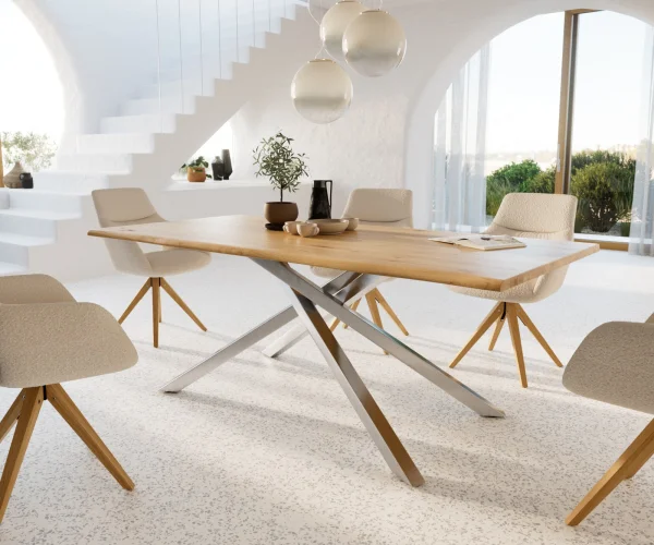 Esstisch Edge 200x100x2,5 Eiche Natur Kreuzgestell Rechteck Edelstahl Live-Edge