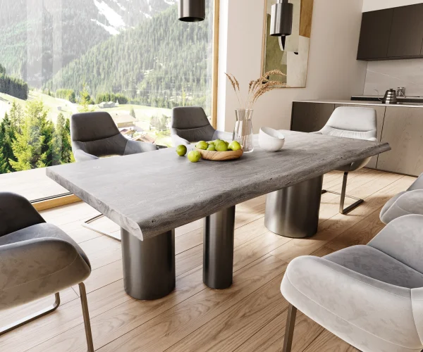 Esstisch Edge 220x100 XL Akazie Platin Troa Edelstahl Graphit Live-Edge