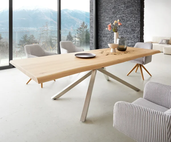 Esstisch Edge 260x100 Eiche Natur Kreuzgestell Rechteck Edelstahl Live-Edge