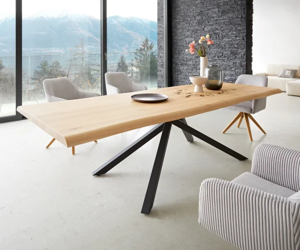 Esstisch Edge 260x100 Eiche Natur Kreuzgestell Rechteck Schwarz Live-Edge