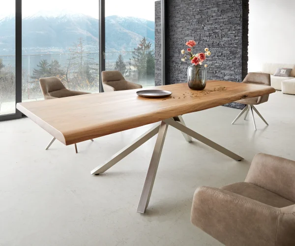 Esstisch Edge 260x100 XL Akazie Natur Kreuzgestell Rechteck Edelstahl Live-Edge