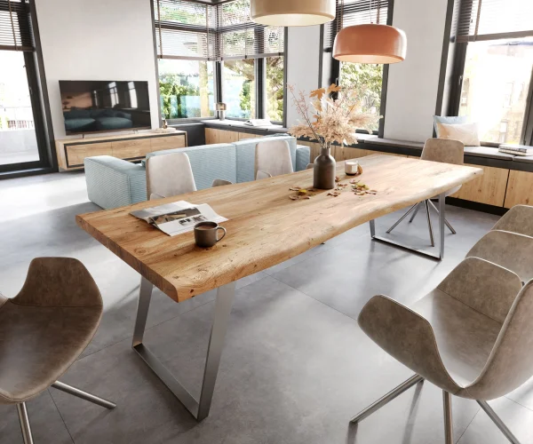 Esstisch Edge 260x100cm XL Akazie Natur Edelstahl Silber schräg Live-Edge