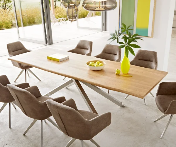 Esstisch Edge 260x100x2,5-3 Eiche Natur Kreuzgestell Rechteck Edelstahl Live-Edge