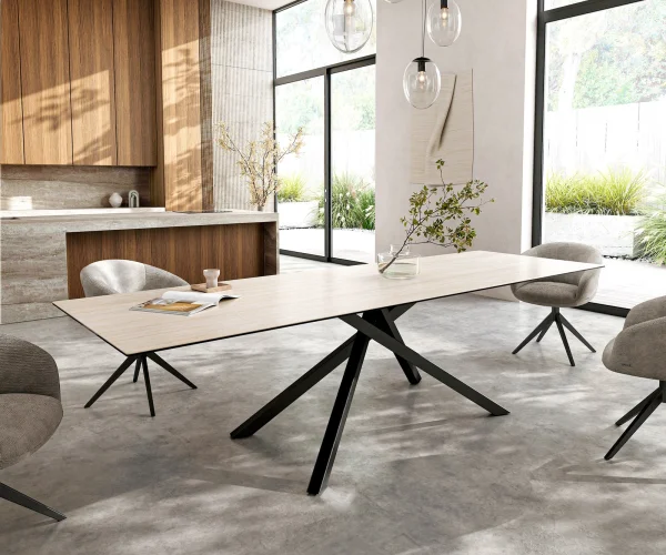 Esstisch Edge 300x100 cm Keramik Laminam®Travertino Bianco Creme-Weiß Kreuzgestell Rechteck Schwarz