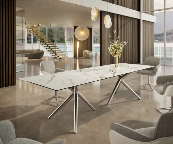 Esstisch Edge 300x100 Keramik Calacatta Luxe Weiß-Gold-Grau Estelar rund Edelstahl