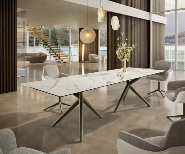 Esstisch Edge 300x100 Keramik Calacatta Luxe Weiß-Gold-Grau Estelar rund Metall Effektfinish Titan