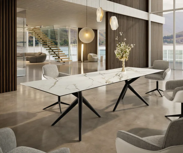 Esstisch Edge 300x100 Keramik Calacatta Luxe Weiß-Gold-Grau Estelar rund Metall Schwarz