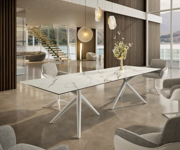 Esstisch Edge 300x100 Keramik Calacatta Luxe Weiß-Gold-Grau Estelar rund Metall Weiß