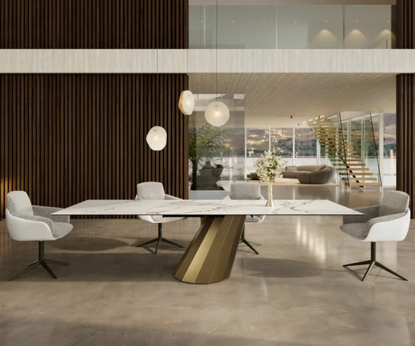 Esstisch Edge 300x100 Keramik Calacatta Luxe Weiß-Gold-Grau Parabel Metallic Gold