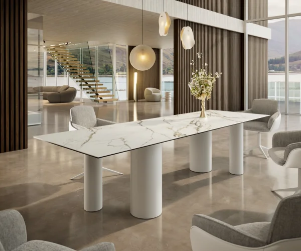 Esstisch Edge 300x100 Keramik Calacatta Luxe Weiß-Gold-Grau Pilier Metall Weiß