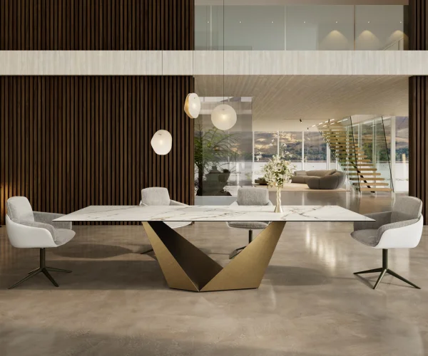 Esstisch Edge 300x100 Keramik Calacatta Luxe Weiß-Gold-Grau Prisma Metallic Gold