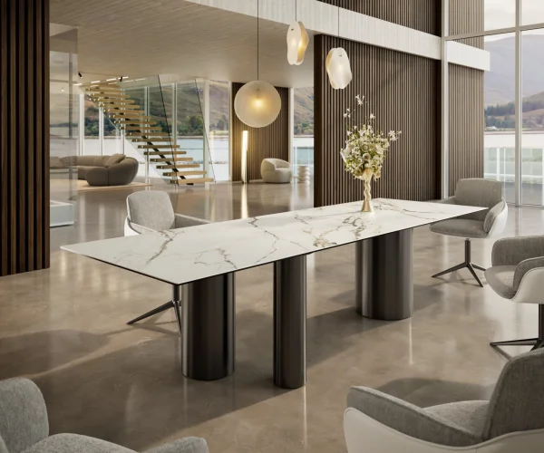 Esstisch Edge 300x100 Keramik Calacatta Luxe Weiß-Gold-Grau Troa Edelstahl Graphit