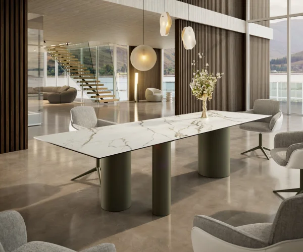 Esstisch Edge 300x100 Keramik Calacatta Luxe Weiß-Gold-Grau Troa Metall Effektfinish Titan