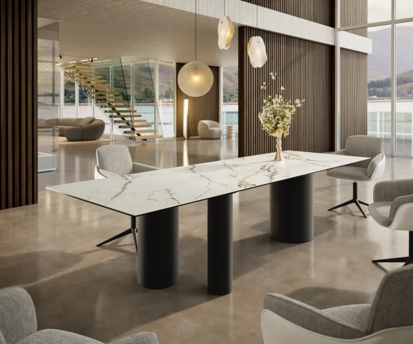 Esstisch Edge 300x100 Keramik Calacatta Luxe Weiß-Gold-Grau Troa Metall Schwarz