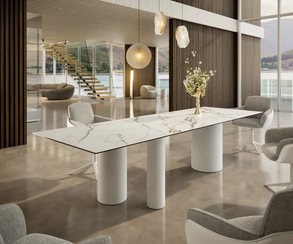 Esstisch Edge 300x100 Keramik Calacatta Luxe Weiß-Gold-Grau Troa Metall Weiß