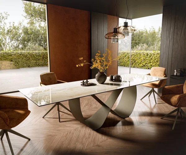 Esstisch Edge 300x100 Keramik Laminam® Onice Oro ?Infinity Metall Effektfinish Titan