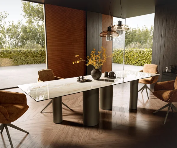 Esstisch Edge 300x100 Keramik Laminam® Onice Oro ?Pilier Metall Effektfinish Titan